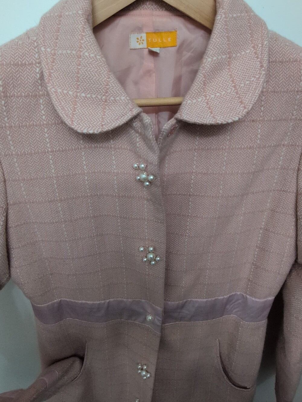 Tulle Pink Tweed Pea Coat with Pearl Button Accents